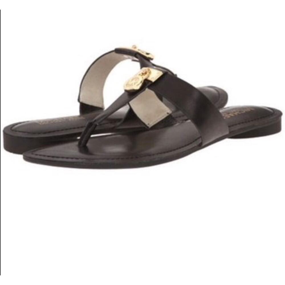 Michael Kors Black Leather Thong Sandals Gold-Tone Logo Hardware Size 7.5